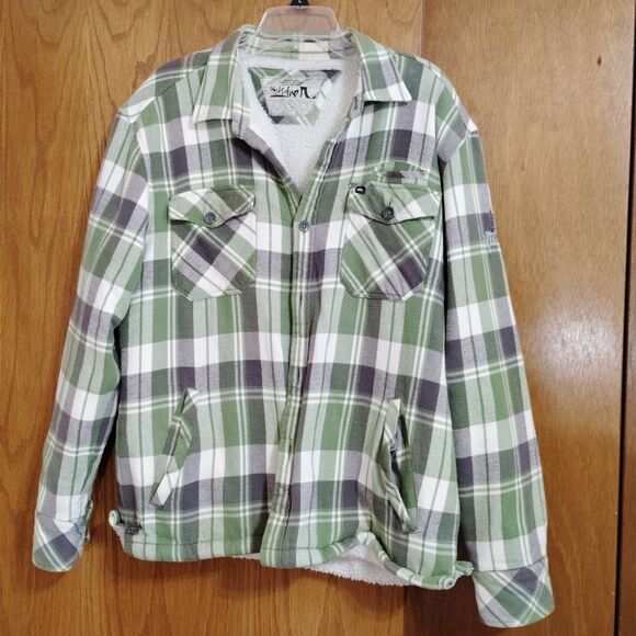 Quiksilver Medium Sherpa Hooded Flannel Jacket Green Plaid Shacket Shirt - Picture 1 of 9